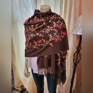 Floral Embroidered Fringed Brown Shawl